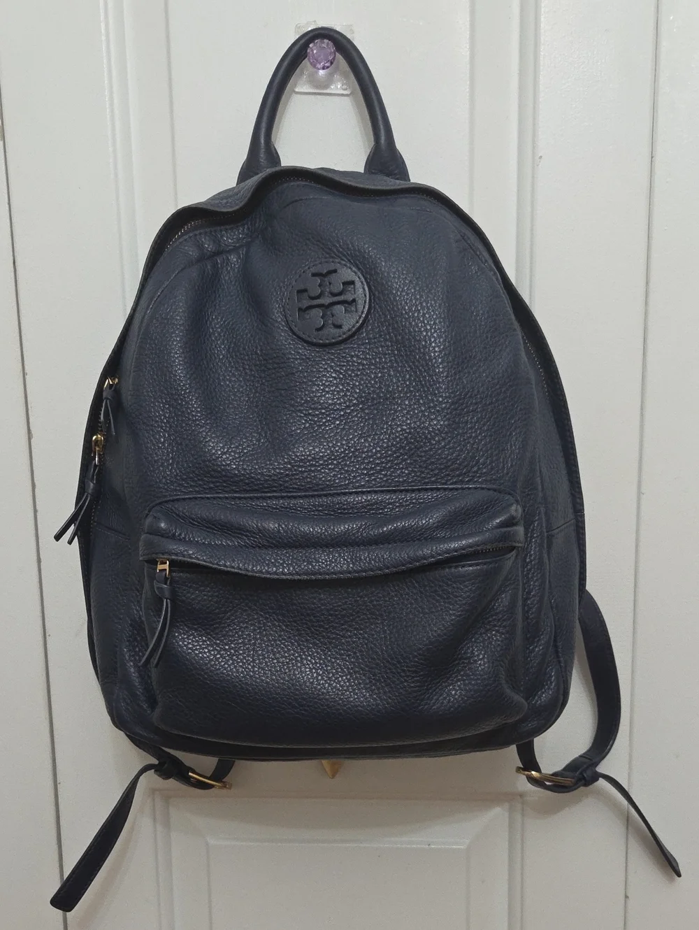 Tory Burch Navy Blue Logo Pebbled Leather Backpack